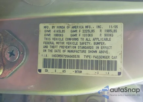 2006 Honda Accord Sdn 2.4 Ex/Ex z USA, uszkodzony, nr VIN 1HGCM56726A045576